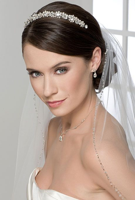 Wedding Hair With Veil And Tiara
 Rhinestone tiara paired with fingertip veil with beaded