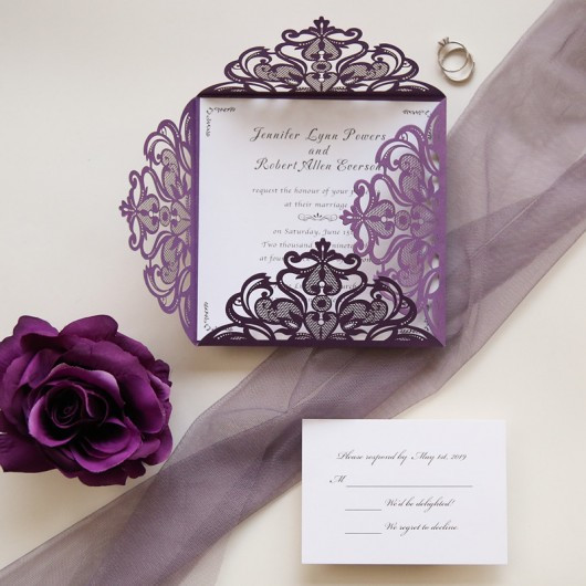 Wedding Invitations Purple
 affordable purple laser cut wedding card EWWS056 as low as