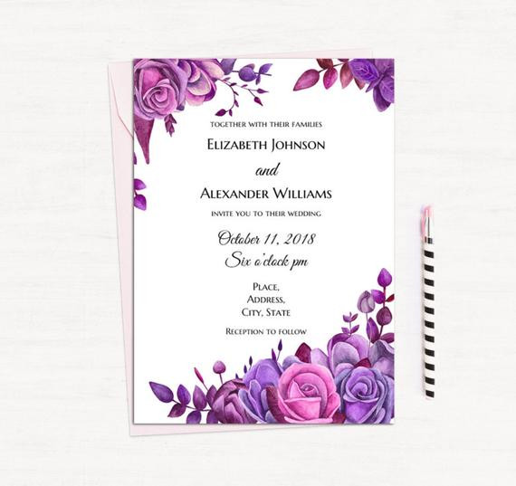 Wedding Invitations Purple
 Purple roses invitation template Floral wedding invitation
