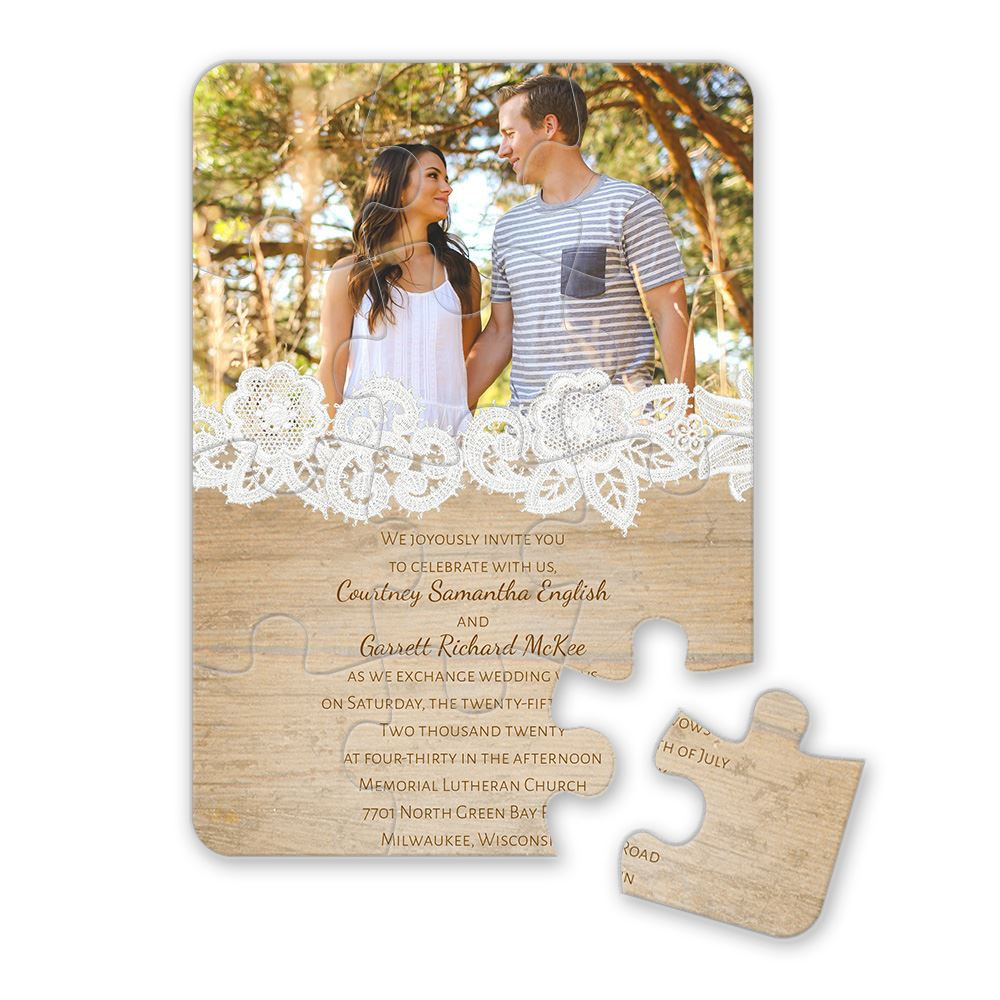 Wedding Invitations With Picture
 Wood and Lace Puzzle Invitation