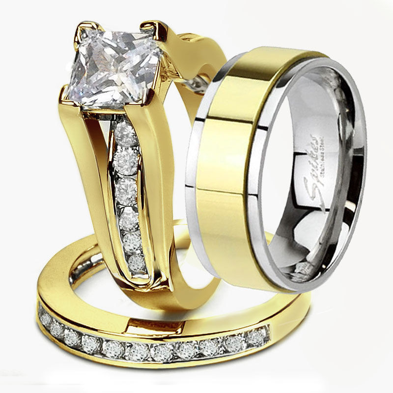 Wedding Ring Sets For Man And Woman
 His Hers 3 Piece Men s Women s 14k Gold Plated Wedding