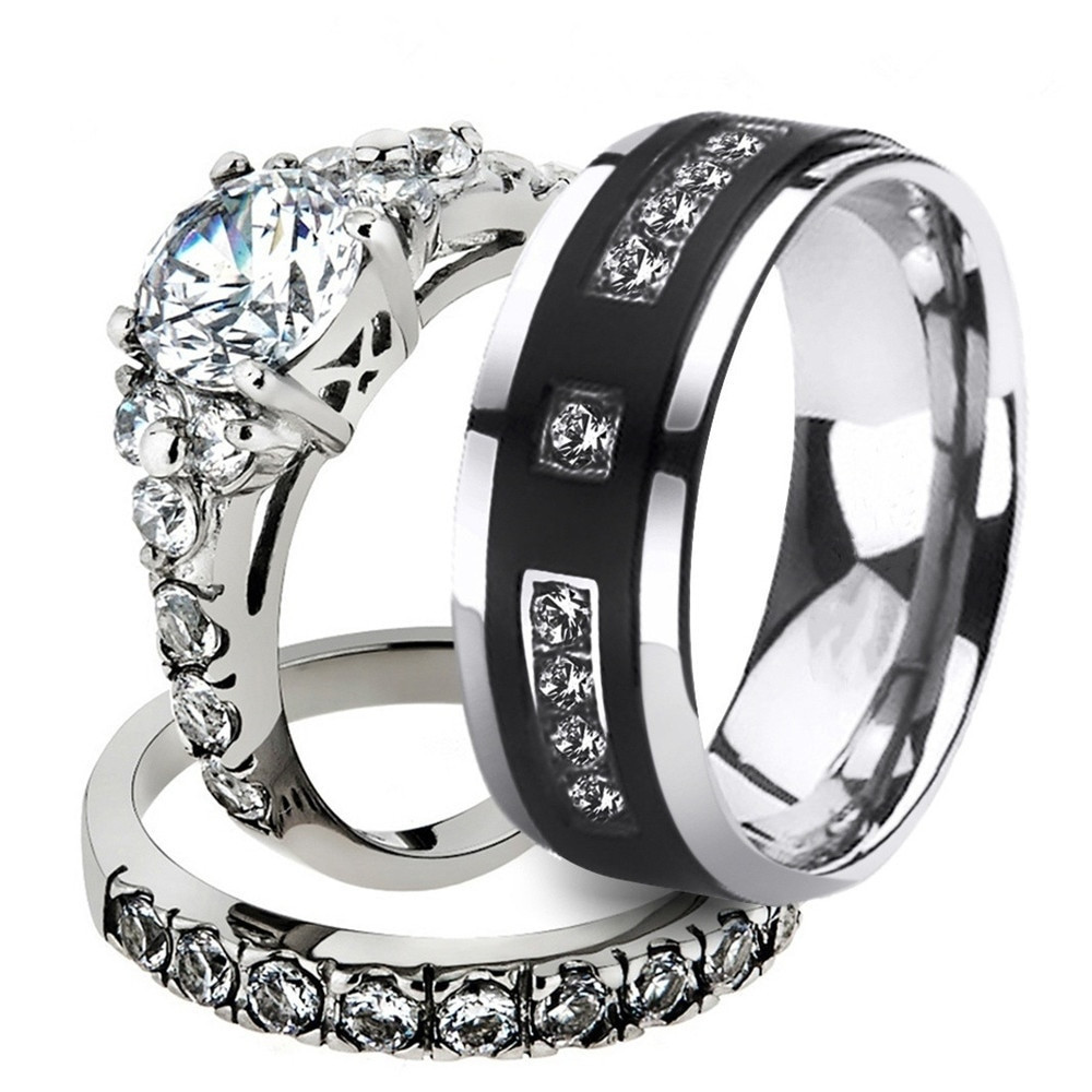 Wedding Ring Sets For Man And Woman
 Princess Cut Cubic Zirconia Couple Rings Stainless Steel
