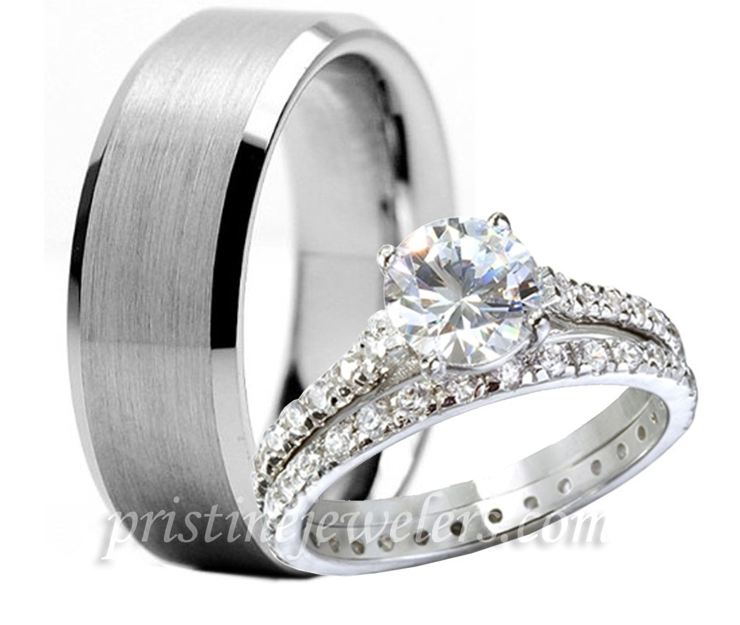 Wedding Ring Sets For Man And Woman
 3pc His Hers Tungsten 925 Sterling Silver Engagement
