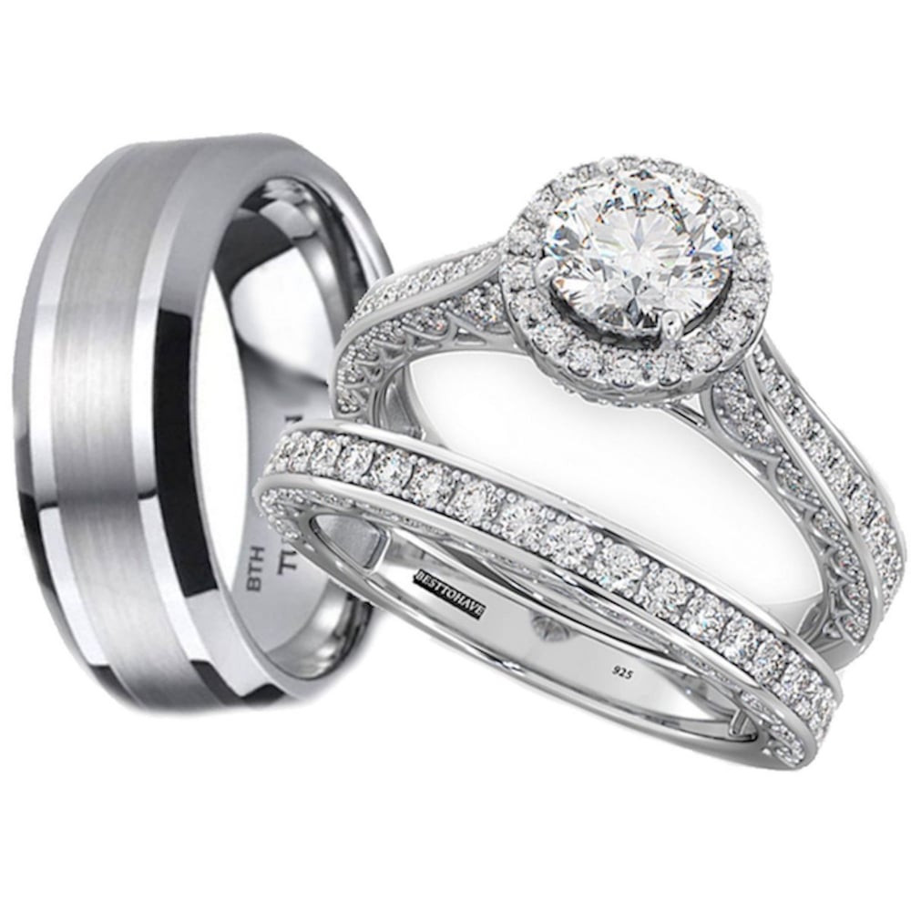 Wedding Ring Sets His And Hers
 His and Hers Tungsten 925 Sterling Silver Wedding