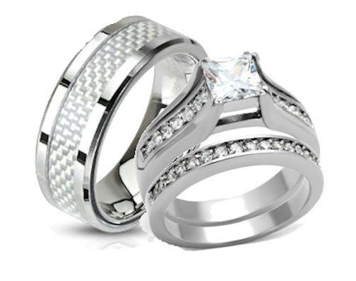 Wedding Ring Sets His And Hers
 His and Hers Wedding Rings Stainless Steel Princess Cut CZ
