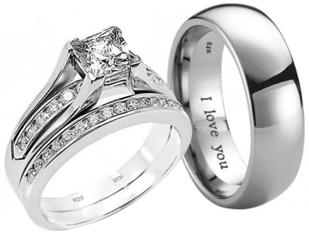 Wedding Ring Sets His And Hers
 New His And Hers Titanium 925 Sterling Silver Wedding