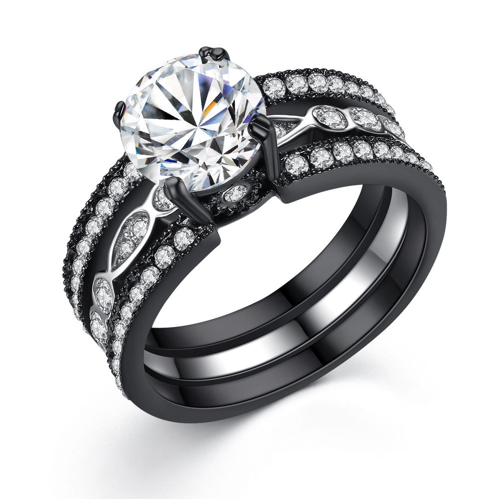 Wedding Rings Set
 Women s 2 18 Ct Black Stainless Round CZ Bridal Engagement