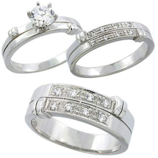 Wedding Rings Set For Him And Her
 Buy Sterling Silver Cubic Zirconia Trio Engagement Wedding