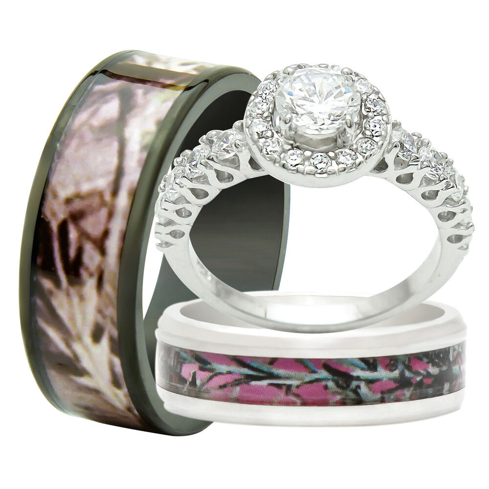 Wedding Rings Set
 His Titanium Camo Hers 925 Sterling Silver 3PCS Engagement
