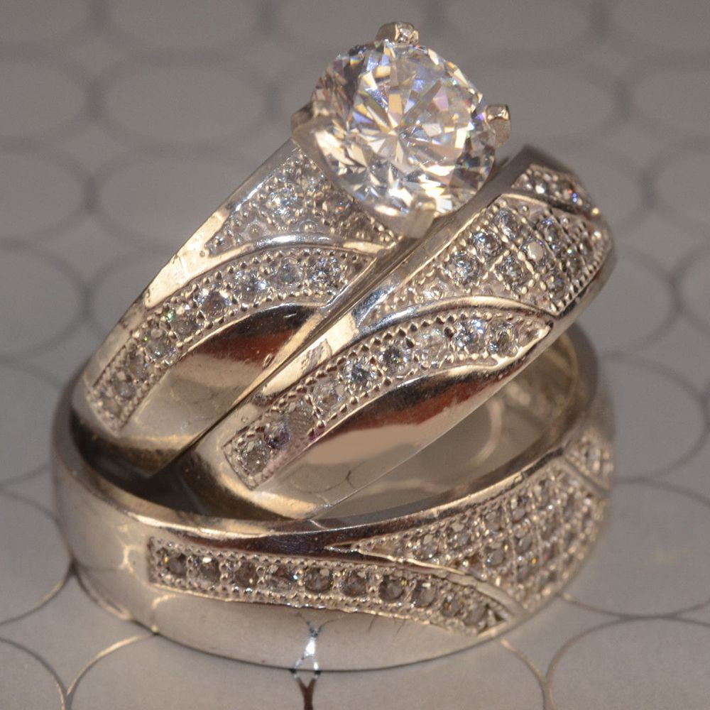 Wedding Rings Trio Sets For Cheap
 Men s Women s Engagement Ring Trio Set Diamond 10k White