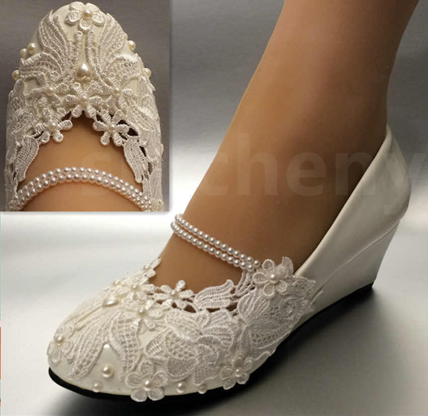 Wedding Shoe Wedges
 White light ivory lace Wedding shoes flat low high heel