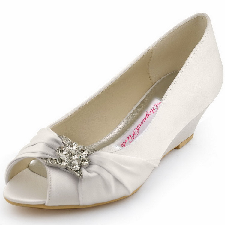 Wedding Shoe Wedges
 New Design Elegant WP1403 White Peep Toe Rhinestone Satin