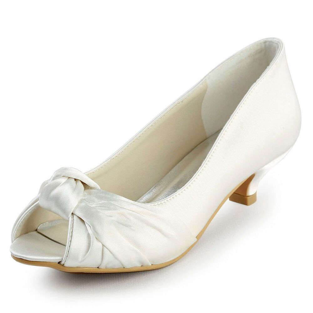 Wedding Shoes Low Heel
 EP2045 White Ivory Women Peep Toe Low Heel Satin Wedding