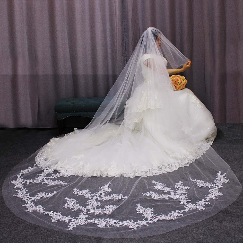 Wedding Veil Covering Face
 Long 2 T Wedding Veil Lace Appliques 2 Layers Cover Face