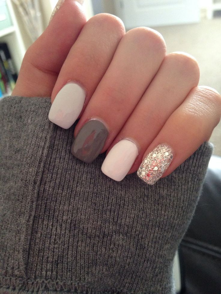 White And Glitter Nails
 Grey white and silver glitter acrylic nails Nail Design