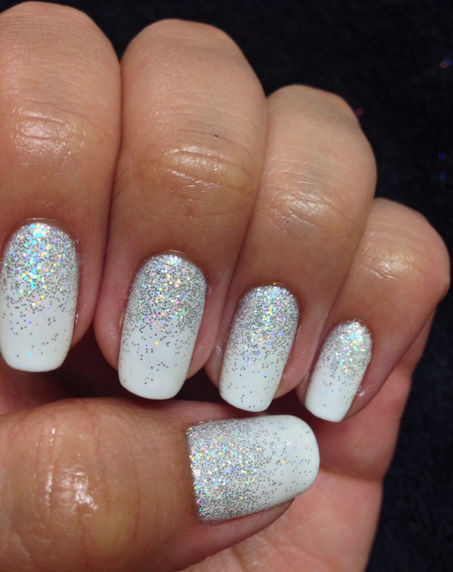 White And Glitter Nails
 White sparkly glitter shellac gel nails gelish
