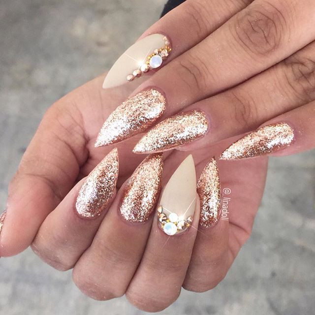 White And Gold Glitter Nails
 Gold glitter rhinestone stiletto nails nailart nails