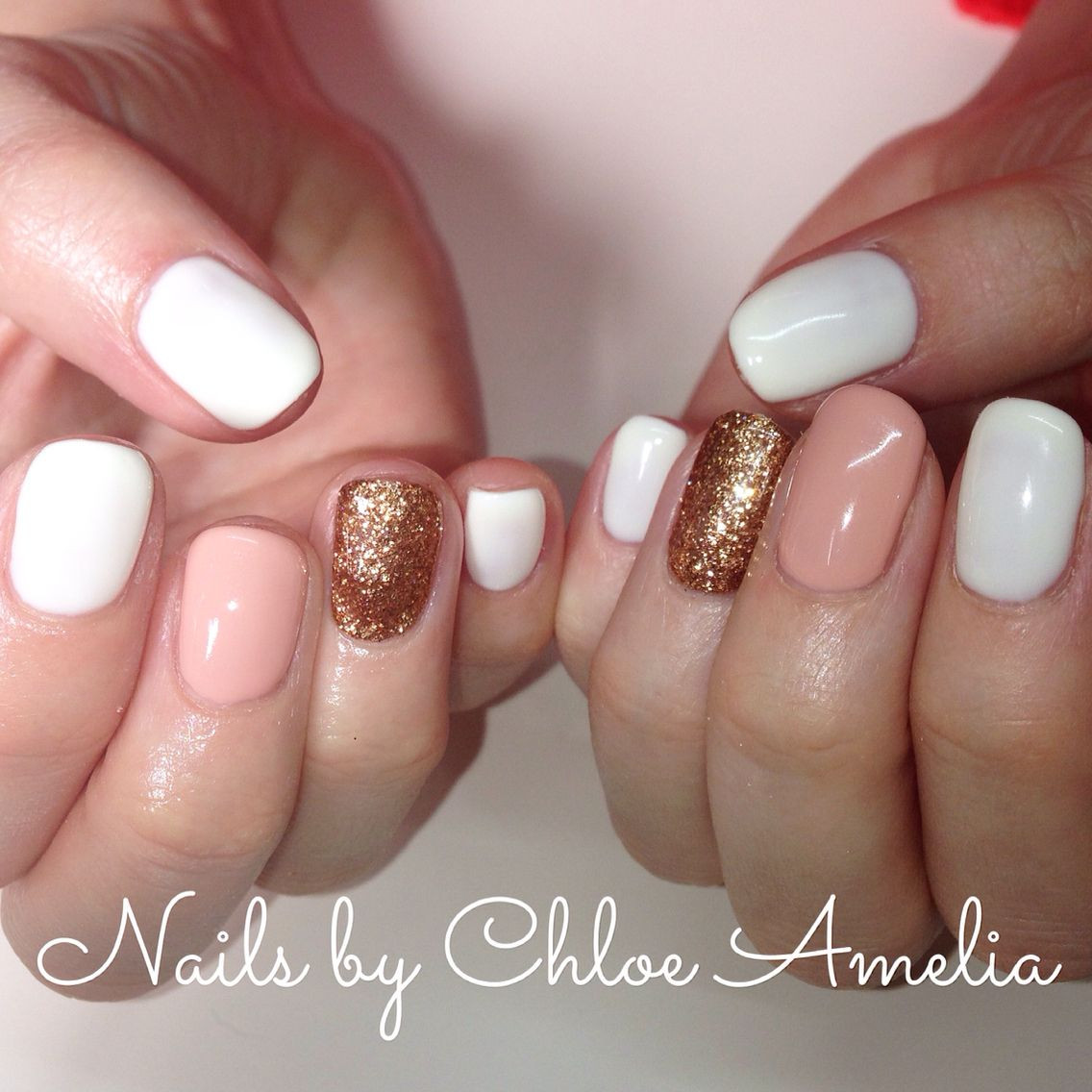 White And Gold Glitter Nails
 White hide and seek and rose gold glitter Calgel manicure