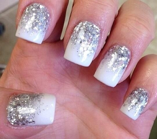 White And Silver Nail Designs
 White nails with silver glitter