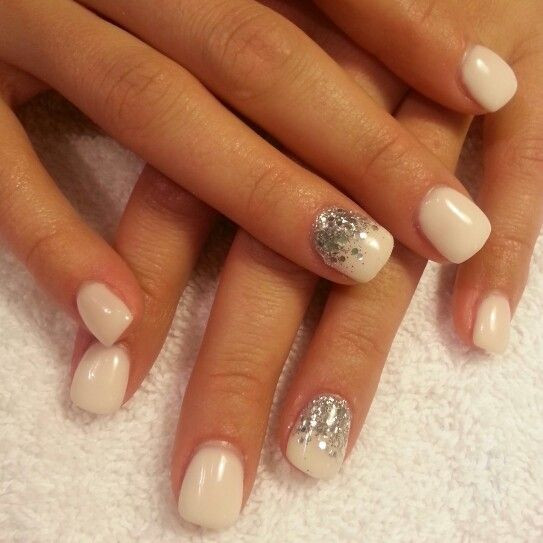White Glitter Gel Nails
 White gel chunky silver glitter nails Nails