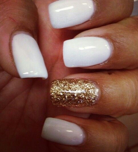 White Glitter Gel Nails
 White gel nails and gold glitter