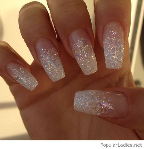 White Glitter Ombre Nails
 Long white glitter nails in 2019