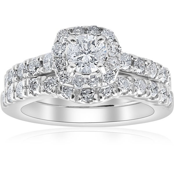 White Gold Wedding Ring Sets
 Shop Pompeii3 14k White Gold 1 1 4 ct TDW Cushion Halo