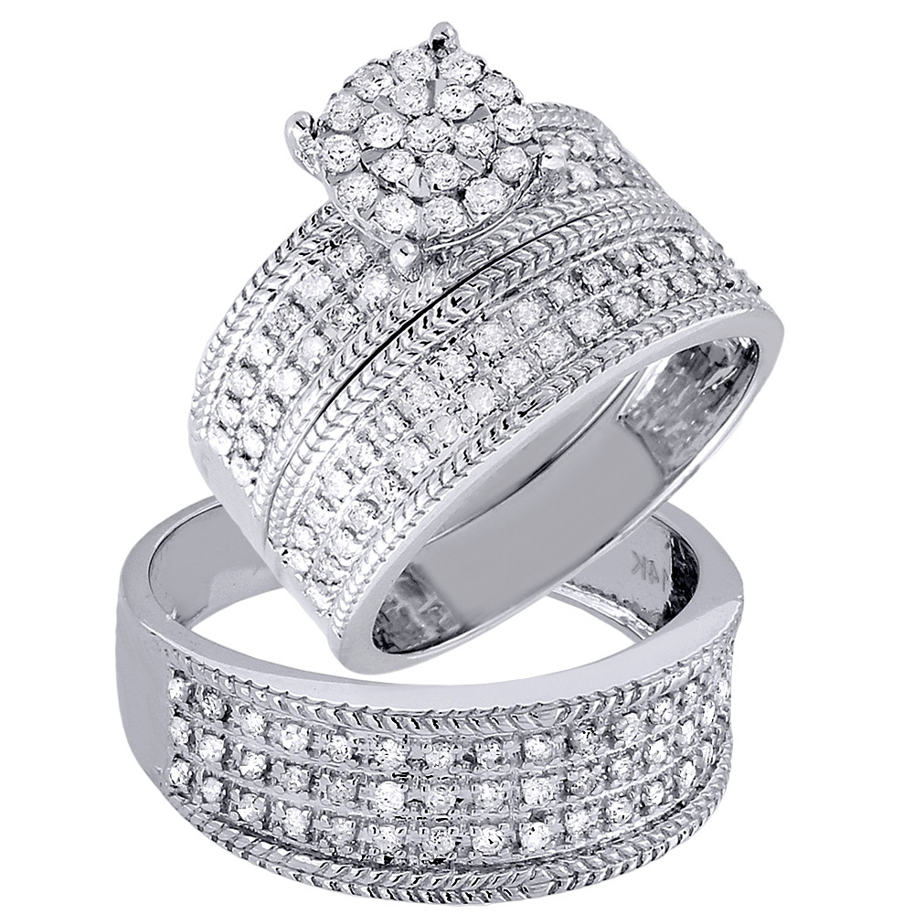 White Gold Wedding Ring Sets
 Diamond Trio Set Engagement Ring Wedding Band 14K White