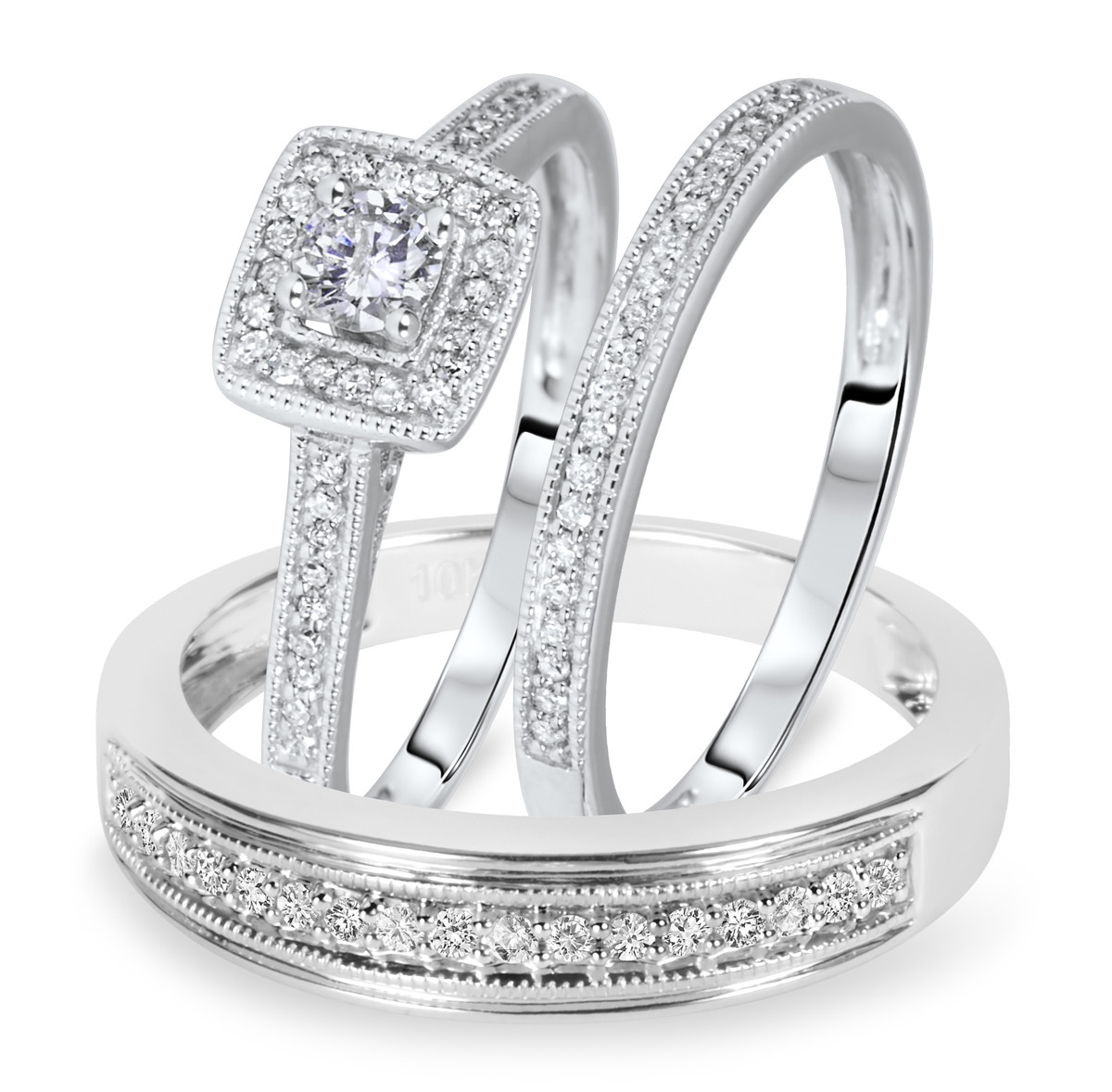 White Gold Wedding Ring Sets
 1 2 Carat T W Round Cut Diamond Matching Trio Wedding