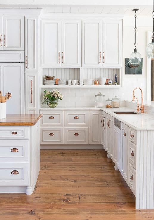 White Kitchen Cabinet Pulls
 White Kitchen Cabinets with Copper Cup Pulls and Copper