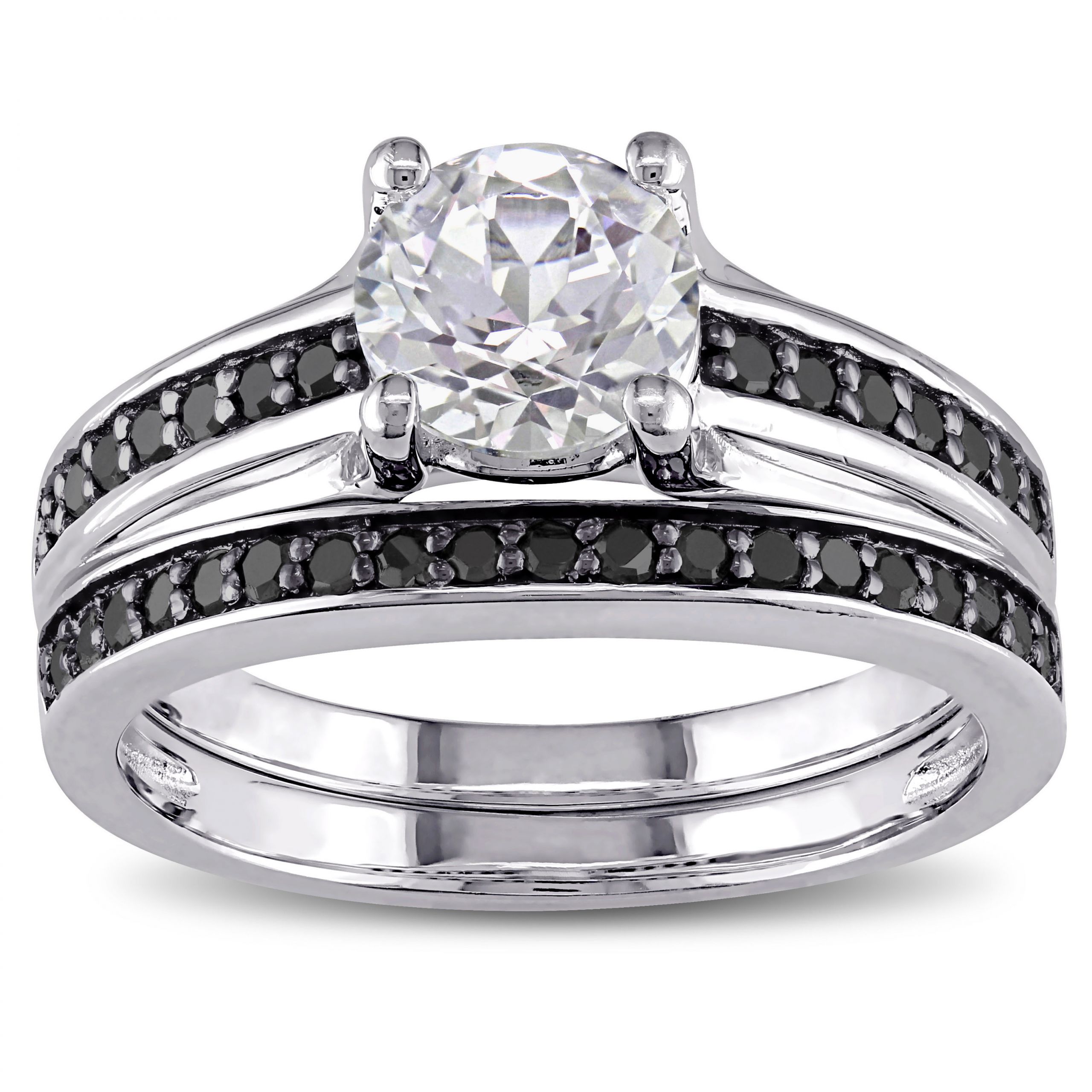 White Sapphire Wedding Ring Sets
 Sterling Silver White Sapphire and 1 3 Ct TDW Black