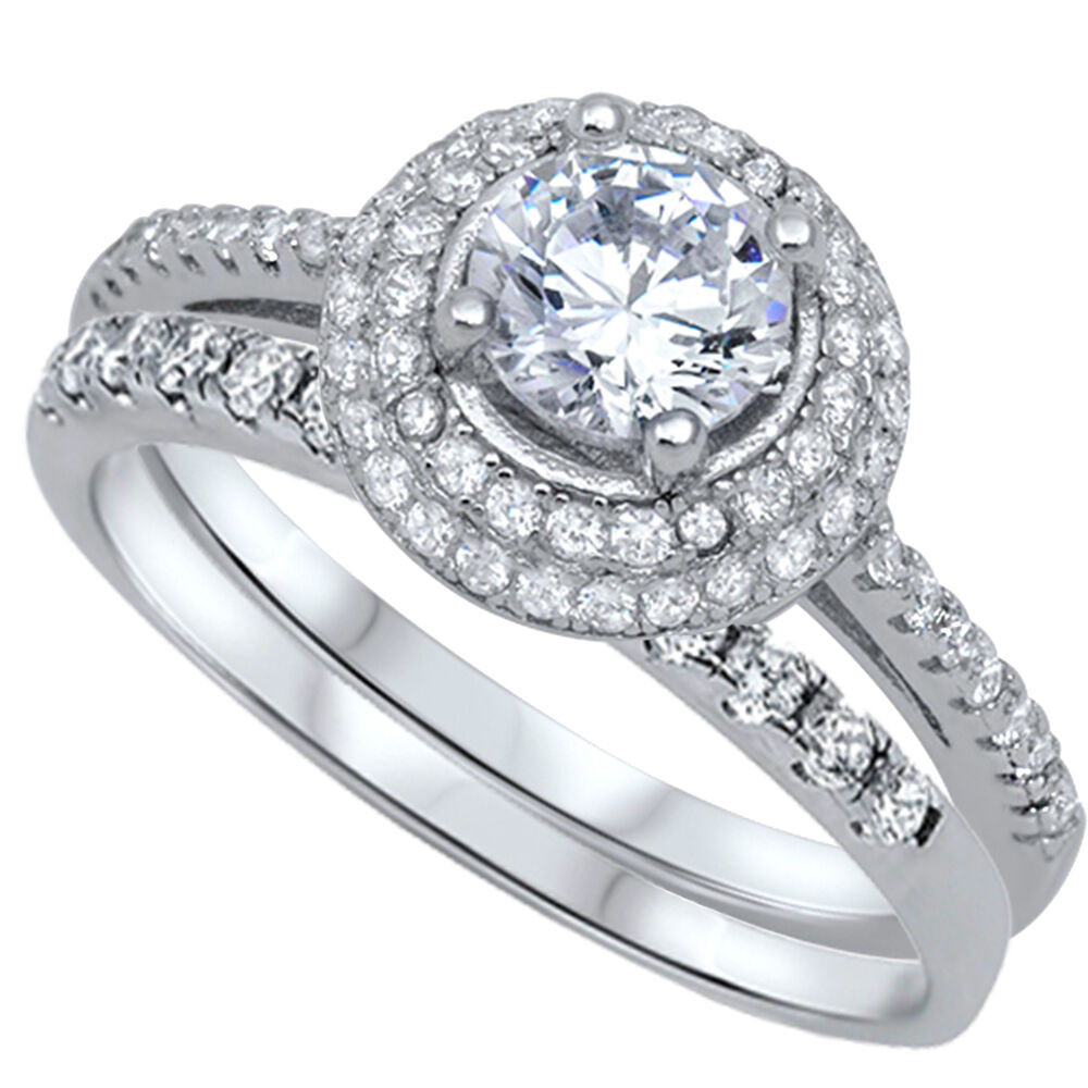White Sapphire Wedding Ring Sets
 Halo Brilliant Cut White Sapphire Wedding Engagement