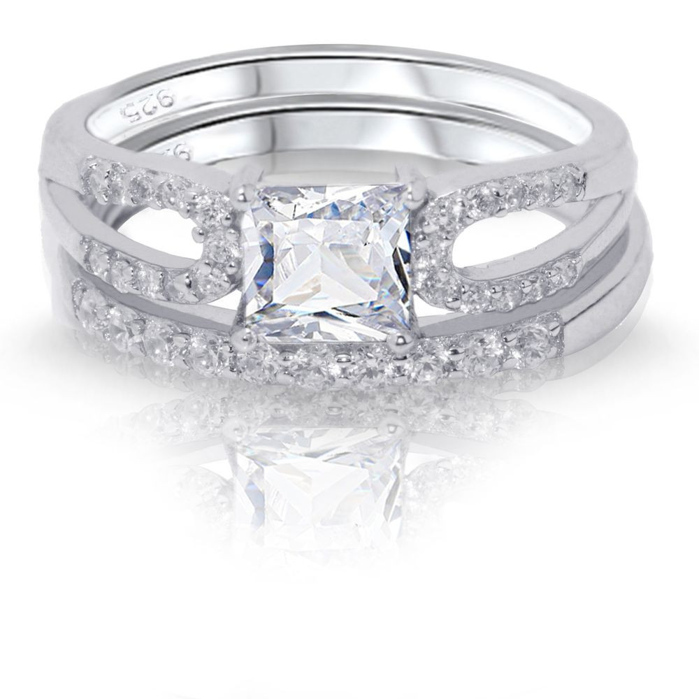 White Sapphire Wedding Ring Sets
 Princess Cut White Sapphire Engagement Wedding Sterling