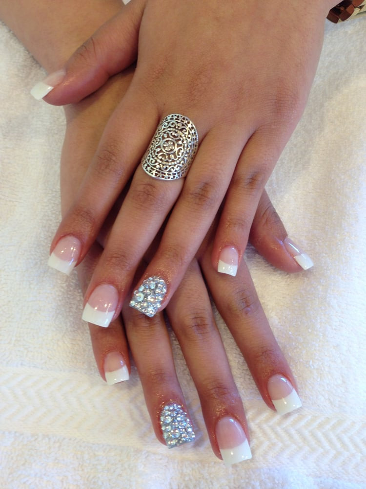 White Tip Nail Ideas
 White tip acrylics with diamond design by Elegant Nails Yelp