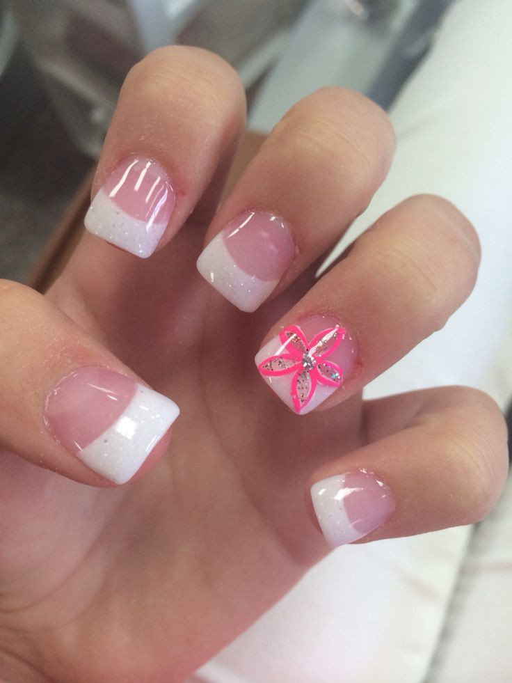 White Tip Nail Ideas
 acrylic white tips with pink flower accent nail