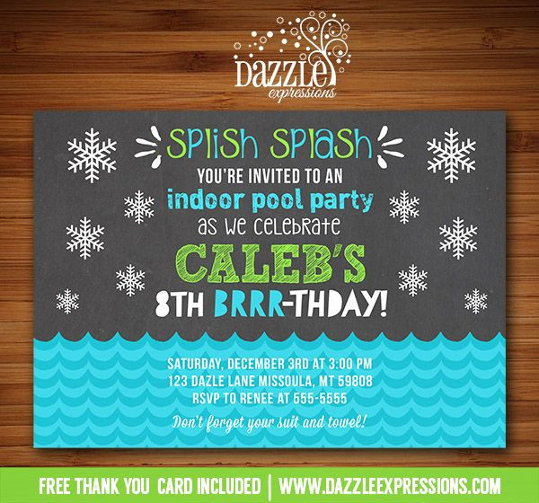 Winter Indoor Pool Party Ideas
 Printable Chalkboard Indoor Pool Party Birthday Invitation