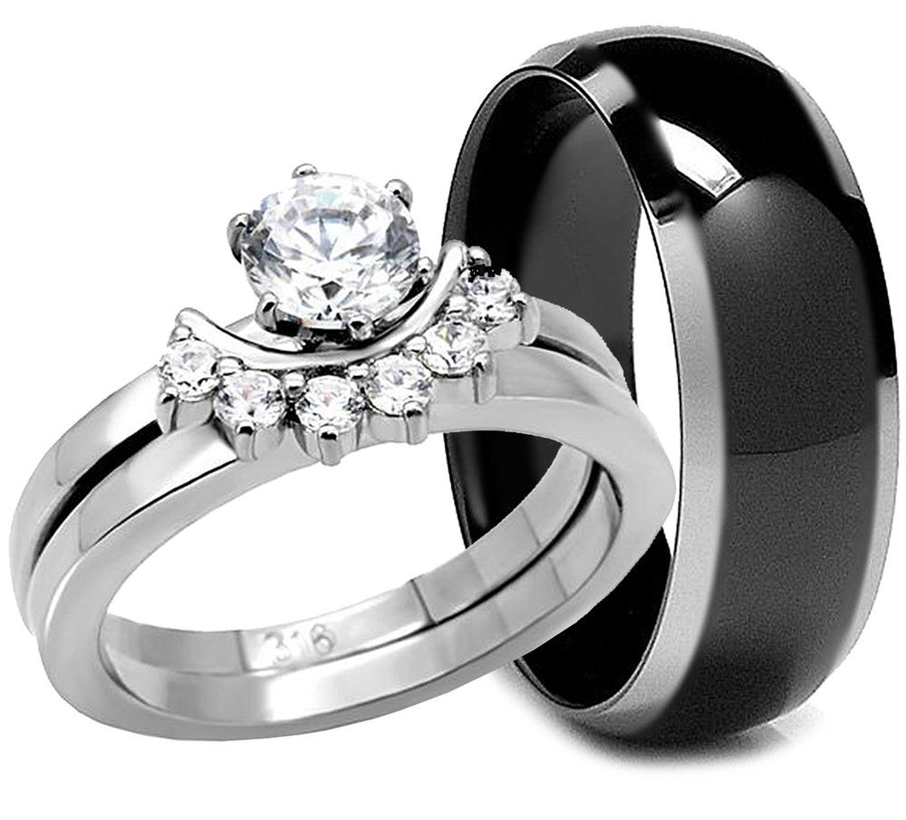 Women's Black Titanium Wedding Bands
 3 PCS HIS and HERS BLACK TITANIUM BAND STAINLESS STEEL