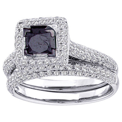 Womens Black Wedding Ring Sets
 WOMENS BLACK DIAMOND ENGAGEMENT HALO RING WEDDING BAND