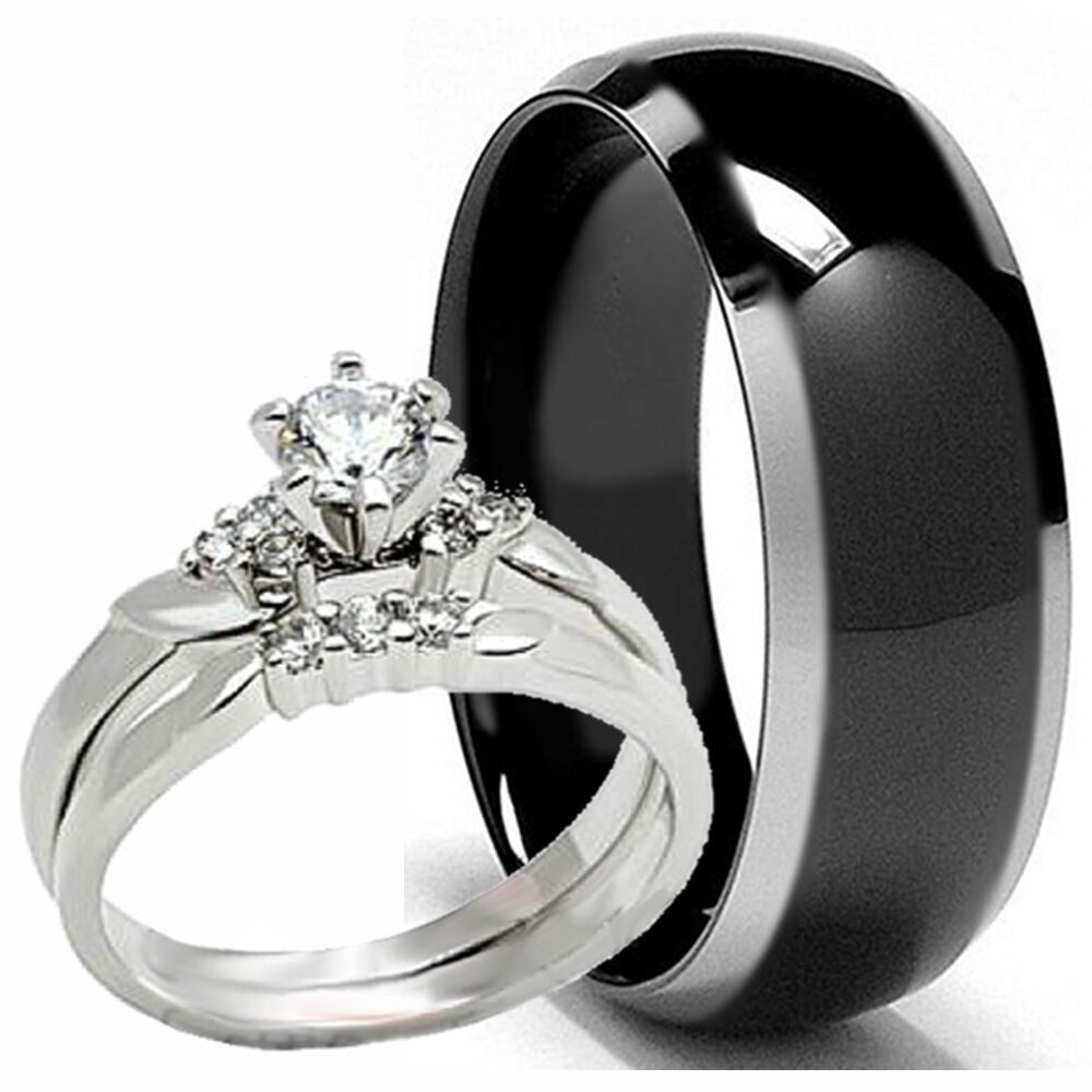 Womens Black Wedding Ring Sets
 Black TITANIUM Mens Band and 2 pc Womens Engagement