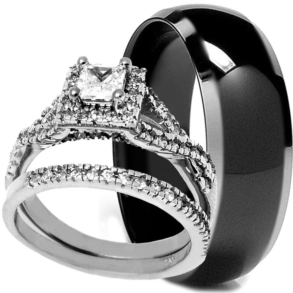 Womens Black Wedding Ring Sets
 His & Hers 3 PCS SOLID TITANIUM AND 925 STERLING SILVER