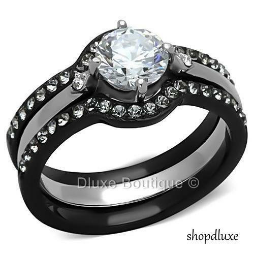 Womens Black Wedding Ring Sets
 1 90 CT ROUND CUT CZ BLACK STAINLESS STEEL WEDDING RING