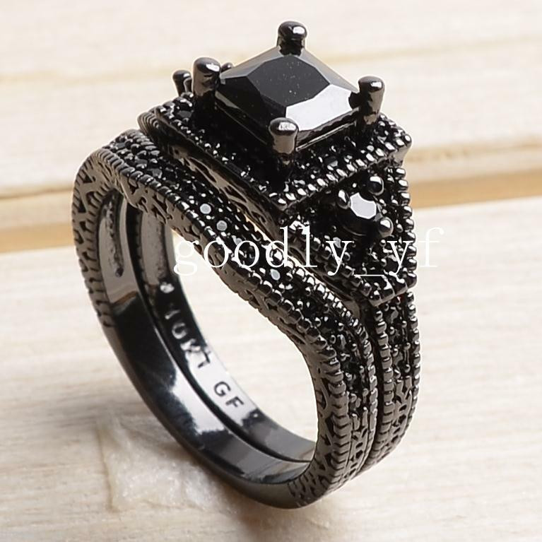 Womens Black Wedding Ring Sets
 Sz 6 10 Princess Cut 10KT Black Gold Filled AAA Black CZ