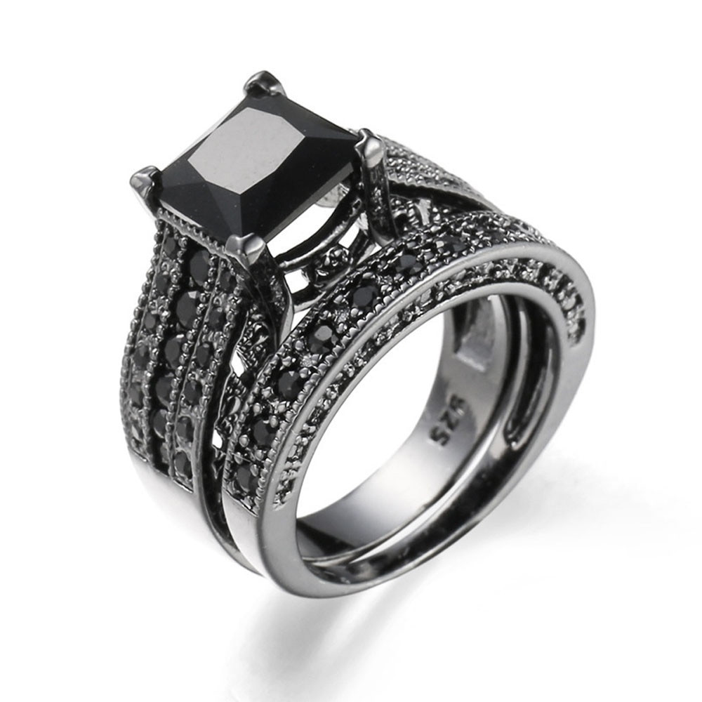 Womens Black Wedding Ring Sets
 2 in 1 Womens Vintage Black Silver Engagement Wedding Band