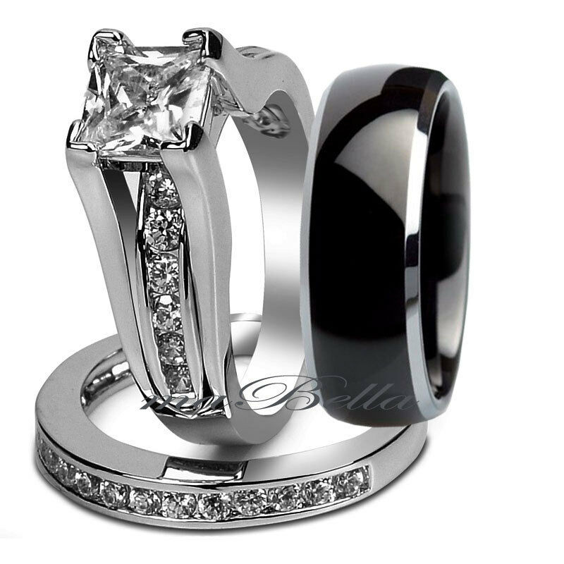 Womens Black Wedding Ring Sets
 3 pcs Black Mens Tungsten & Womens Stainless Steel