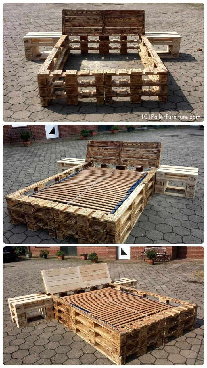 Wood Pallets Furniture DIY
 DIY Pallet Bed Frame with Nightstands DIY