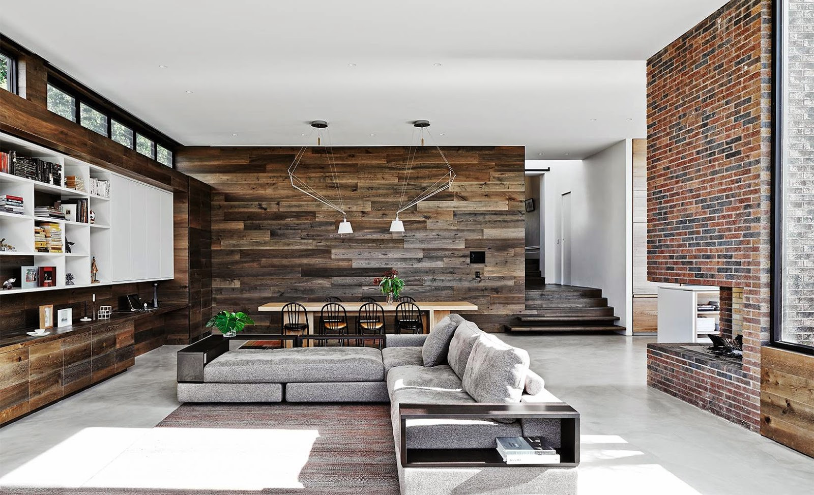 Wood Wall Living Room
 MODERN OPEN FLOOR PLAN MIXING SURFACES