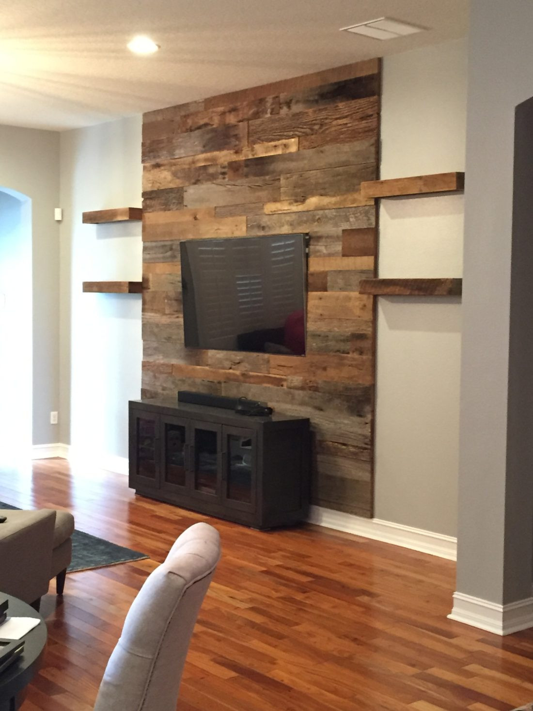 Wood Wall Living Room
 Trevor s Reclaimed Barn Wood Accent Wall with Shelving
