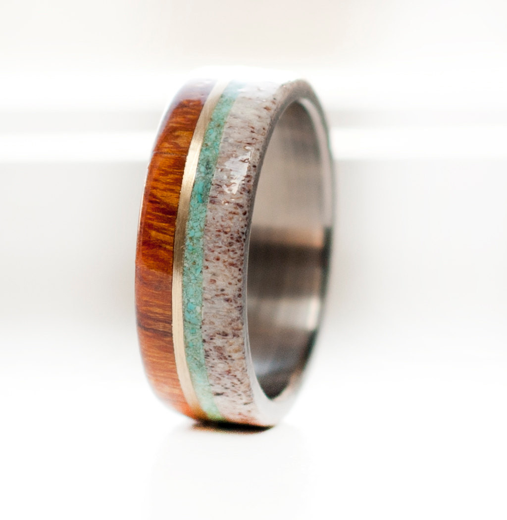 Wood Wedding Rings For Men
 Mens Wedding Band Wood and Antler with 10K Gold and Turquoise