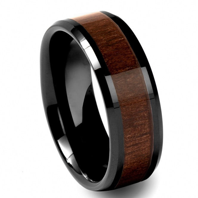 Wood Wedding Rings For Men
 Black Tungsten Carbide Mens Walnut Wood Inlay 8MM Beveled