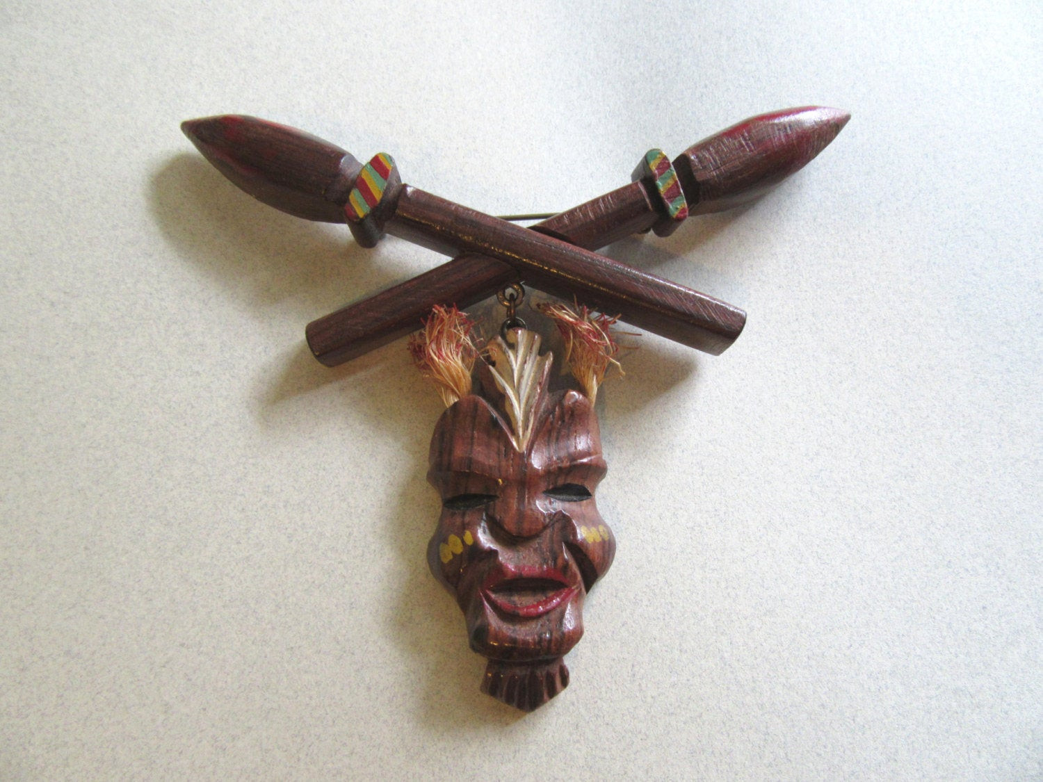 Wooden Brooches
 1940s Mask Brooch Pin RARE Carved Wood Tribal Spears